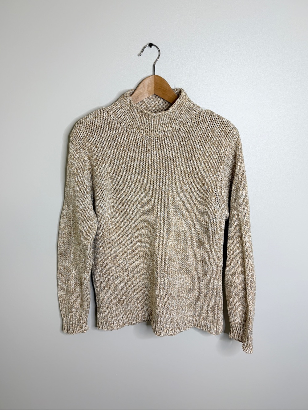 Cozy Neutral Marled Knit Mock Neck Cotton Sweater M